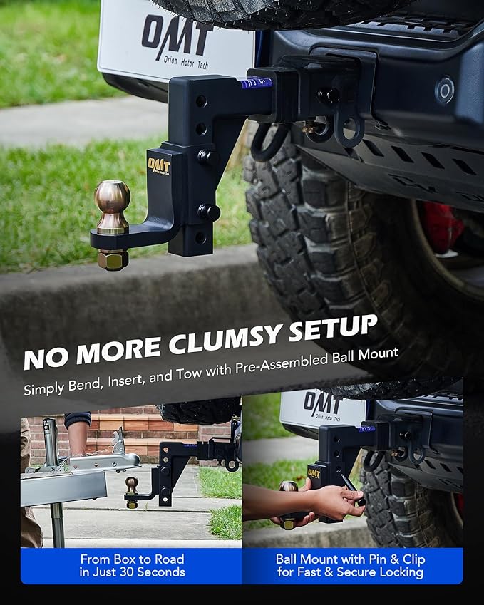 Orion Motor Tech Trailer Hitch Ball Mount, Adjustable Tow Hitch for 2" Receiver with 2" Ball 9-1/2" Drop 8-1/4" Rise 8000 lb. Capacity, Heavy-Duty Drop Hitch with 3 Locking Hitch Pins for Truck Boat