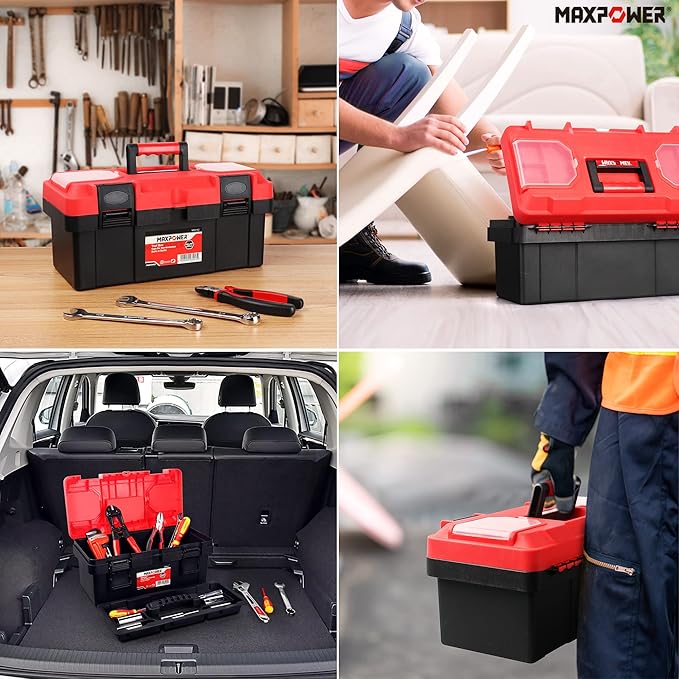MAXPOWER Tool Box 16 inch, Plastic Small Tool Box with Latch and Removable Tray, Lockable Toolbox for Home