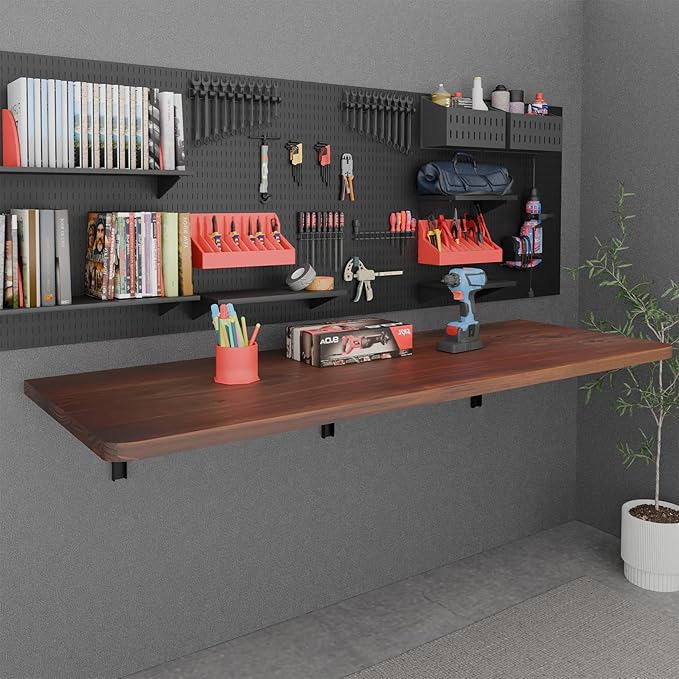 IAE Floating Wall Mounted Folding Table Desk with Pine Wood,60" x 22" Foldable Workbench,Fold Down Wall Mounted Foldable Desk with Shelf Brackets,Laundry Folding Table for Home,Dining,Kitchen,Brown