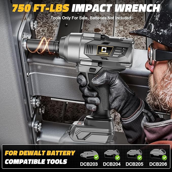 Cordless impact Wrench 1/2 inch Compatible with Dewalt Battery, 750FT-LBS (1000N.m) Brushless Electric Impact Gun Includes LED Work Light with 6 Sockets, High Torque Impact Driver, Bare Tool Only