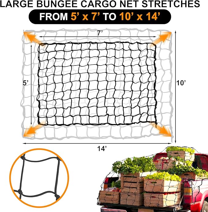 Seven Sparta 5’ x 7’ Bungee Cargo Net Stretches to 10' x 14' for Truck Bed, Pickup Bed, Trailer, Trunk, SUV with 16 Bonus D Clip Carabiners Car Organizer Net for Large Loads (Black, 5'x7')