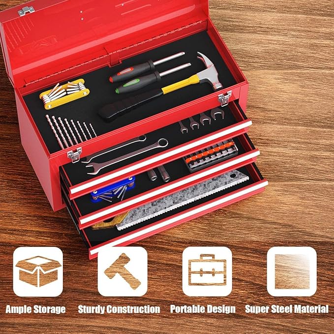 Giantex Portable Steel Tool Box, 20.5'' Toolbox w/ 3 Drawers & Top Storage Tray, Tool Storage Chest w/Double Latch System, Ball Bearing Drawer Slides, EVA Liners & Carrying Handle, Red