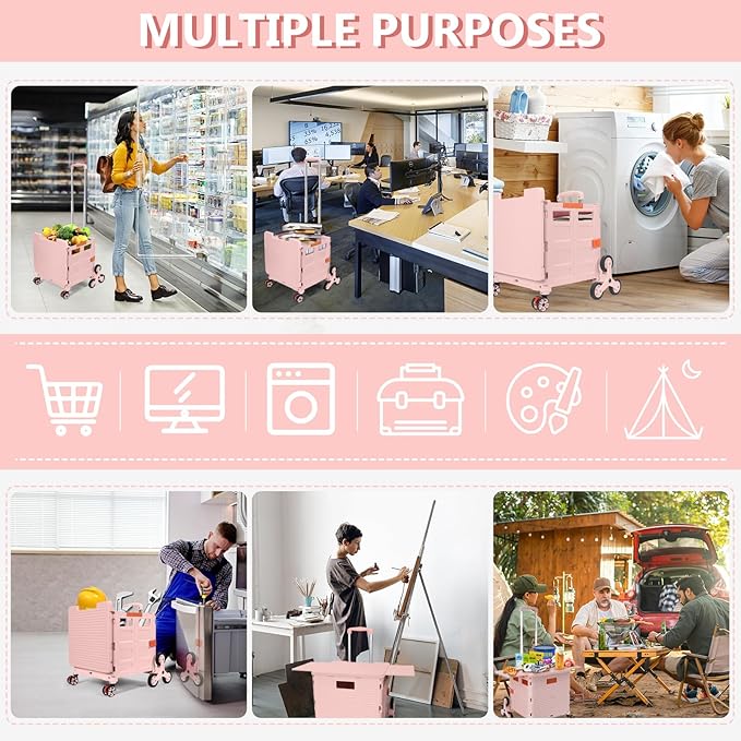 Foldable Utility Cart with Stair Climbing Wheels,Collapsible Rolling Crate with Magnetic Lid Telescopic Cover,Telescoping Handle,360° Rotate Wheel Hand Cart for Teacher Shopping Moving Grocery(Pink)