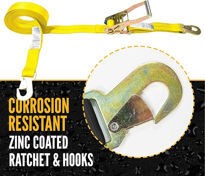 US Cargo Control Ratchet Straps with Snap Hooks, 2 Inch x 8 Foot (2-Pack), 6,000 LBS Break Strength, Car Tie Down Straps for Trailers, Yellow 2 Inch Ratchet Straps with Locking Hooks