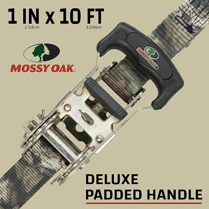 RPS Outdoors SI-2071 Mossy Oak Break-Up Infinity Camo 1" x 10' Ratchet Tie Down Straps (830 lb Safe Working Load / 2,500 lb Tension Strength), 4 Pack
