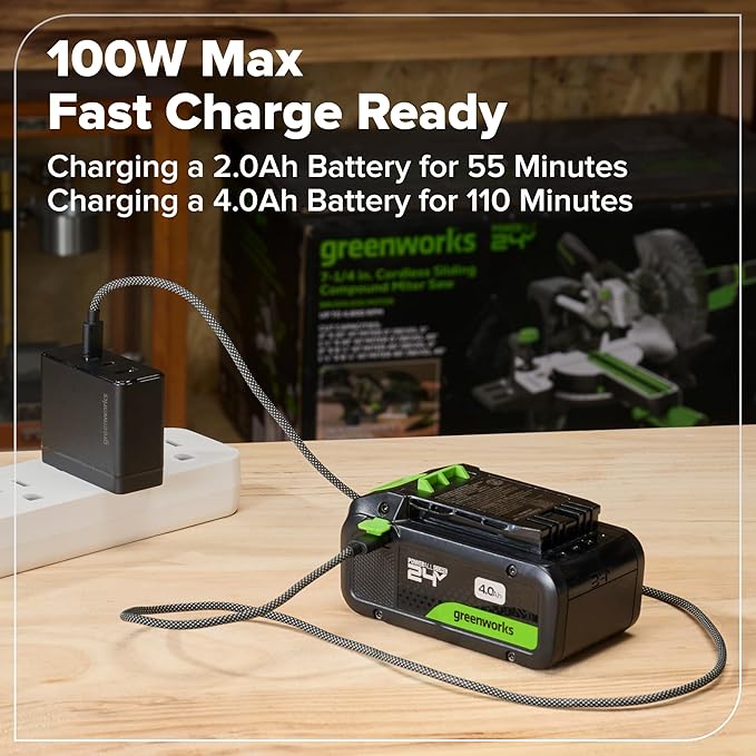 GREENWORKS 24V Combo (1/2” Drill + 1/4” Impact Driver + 6.5” Circular Saw + 200Lm Flashlight), 4.0Ah + 2.0Ah Batteries (24,000mAh PB), (2) Braided Cables, 65W Rapid Charger,High-Efficiency