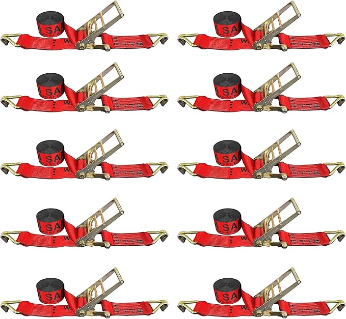 Mega Cargo Control 3" x 30' Heavy Duty Ratchet Straps with Wire Hooks, 16,200 Lbs Break Strength for Pick Up Trucks, Flatbeds, Trailers (RED-10