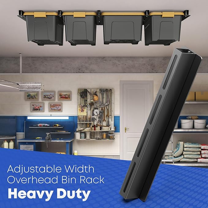 WooFog Overhead Garage Storage Rack, Garage Ceiling Storage Racks, Heavy Duty Storage Bin Ceiling Rails for 27 Gallon Totes，Tote Storage Rack System -Black (3 Sets for 2 Bins)