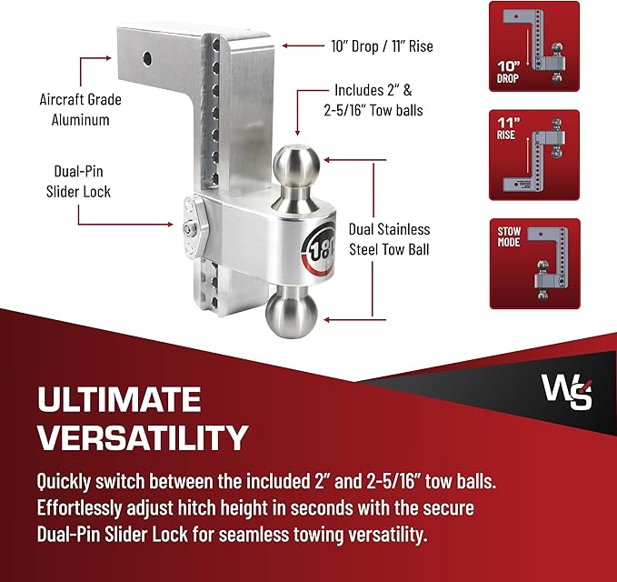 Weigh Safe 180-Degree Trailer Hitch - Adjustable Trailer Hitch for Towing - Compatible with 3" Receivers - 10" Drop, Stainless Steel Tow Balls, 21,000 GTW, 1-Piece Lock Set