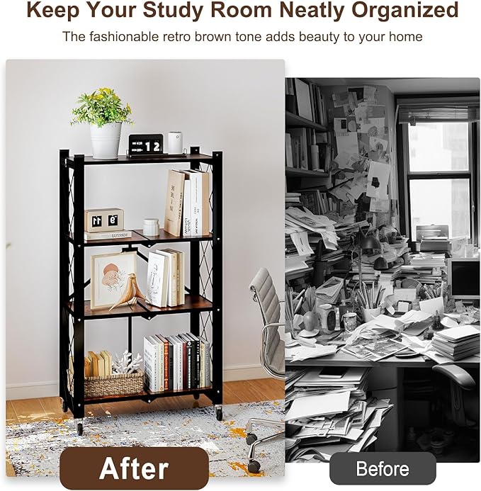 4 Tier Folding Shelf with Wheels, Wood and Metal Bookshelf, no Assembly Foldable Storage Shelves, Vintage Storage Rack for Living Room, Bedroom, and Home Office