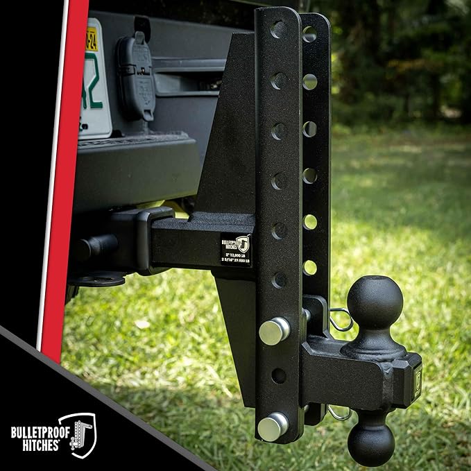 BulletProof Hitches - 2.0" Adjustable Extreme Duty Trailer Hitch (30,000 lb. Rating) - Offset 4" & 6" Drop/Rise with 2" and 2 5/16" Dual Ball - Powder Coat, Solid Steel, Corrosion-Resistant