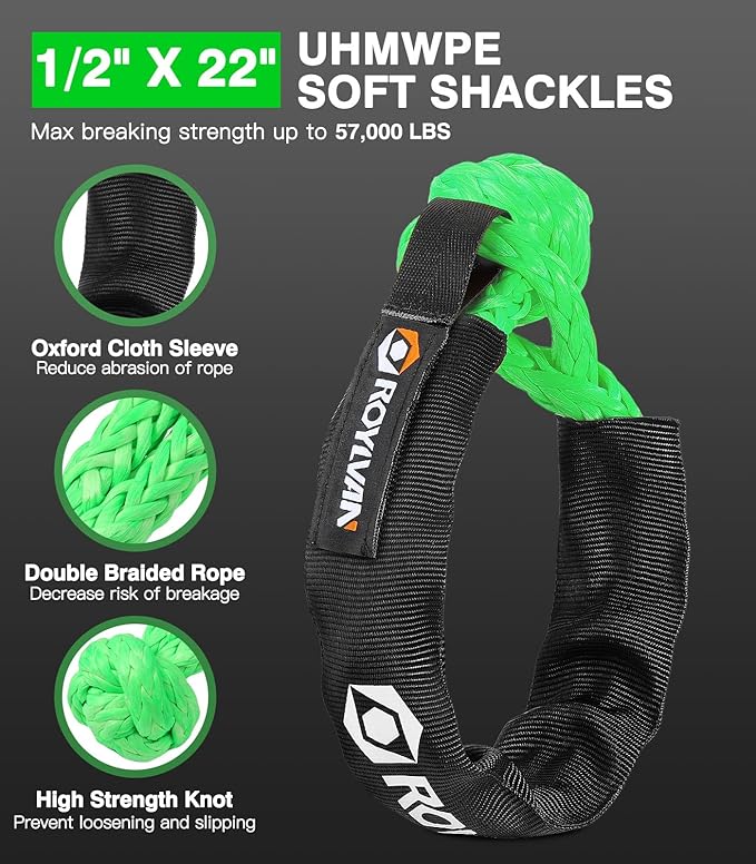 Roylvan 1" x 30ft Kinetic Recovery Tow Rope, 48800 LBS Nylon Tow Strap with 2 Soft Shackles 1/2" x 22", 30% Elasticity Heavy Duty Offroad Towing Straps Kit for Trucks, SUV, Tractor, Fluorescent Green