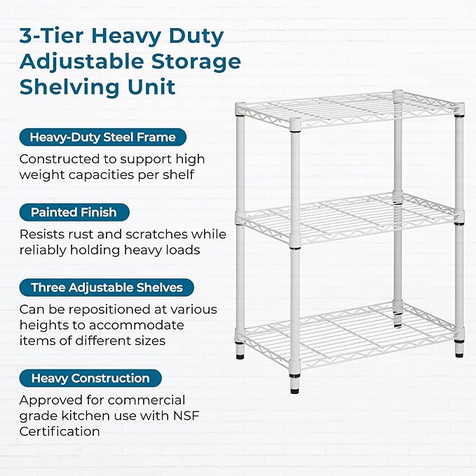 Honey-Can-Do 3-Tier Heavy-Duty Adjustable Shelves, Metal Storage Rack with 250-lb Shelf Capacity, White, 14" W x 24" L x 30" H