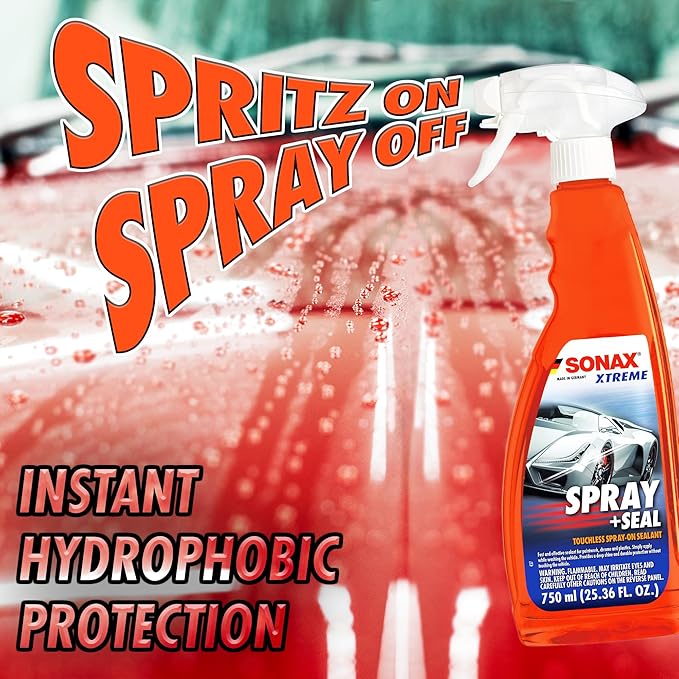 SONAX Spray + Seal 243400 | Quick and Easy Spray On Sealant for Instant Shine and Hydrophobic Protection | Enhances Paint Glass & Plastic Surface | Safe for All Finishes | Long-Lasting Results | 750ml