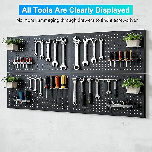 Metal Pegboard Panels 4 Pack, 24" x 12" Heavy Duty Rust-Proof Wall Organizer, Sturdy Steel Storage Board for Garage, Workshop & Craft Room, Black
