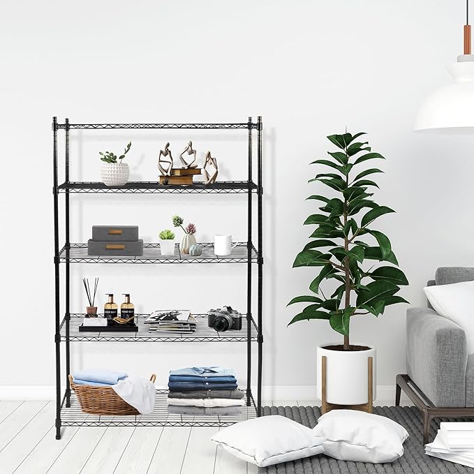 Elevon 5-Tier Storage Shelves, Adjustable Metal Wire Shelving Unit with Leveling Feet Heavy Duty Pantry Shelves Organizer Rack for Kitchen Garage Laundry Office Warehouse, 35"L x13.4"W x64.3"H, Black