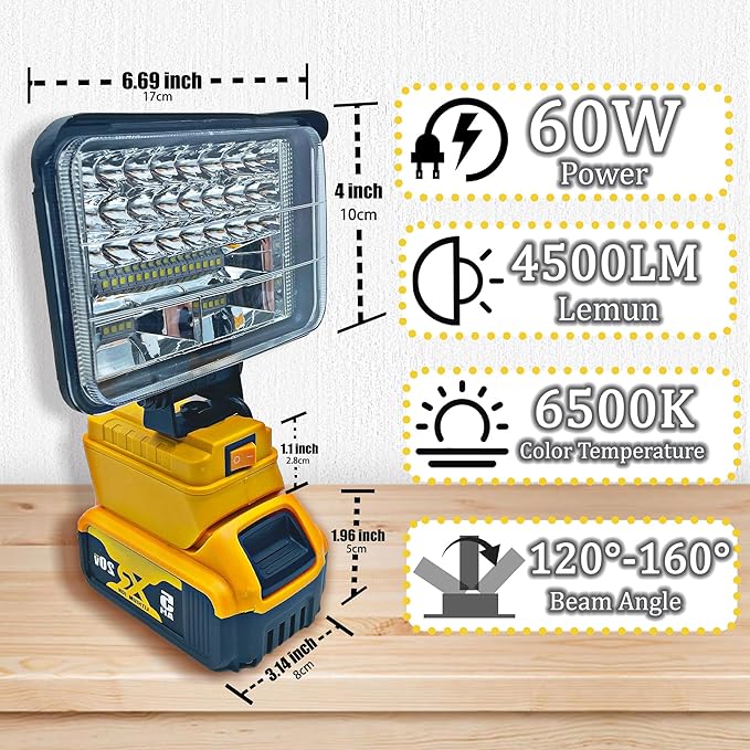 Cordless LED Work Light for Dewalt 20V Battery，90W 5400ML LED Wide Beam Flood Light with Two USB Charging Port Light for Emergency,Workshop,Garage.(No Battery)