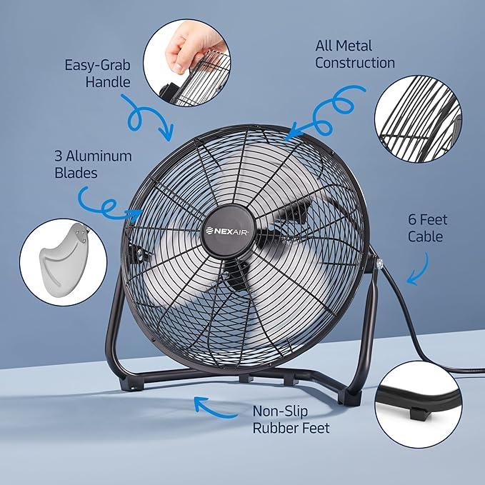 NEXAIR 3-Speed 12 In High-Velocity Heavy Duty Metal Industrial Floor Fan, 1650 CFM Powerful cooling fan for office, Commercial, Residential, and Greenhouse Use, with 180° Adjustable Vertical Tilt