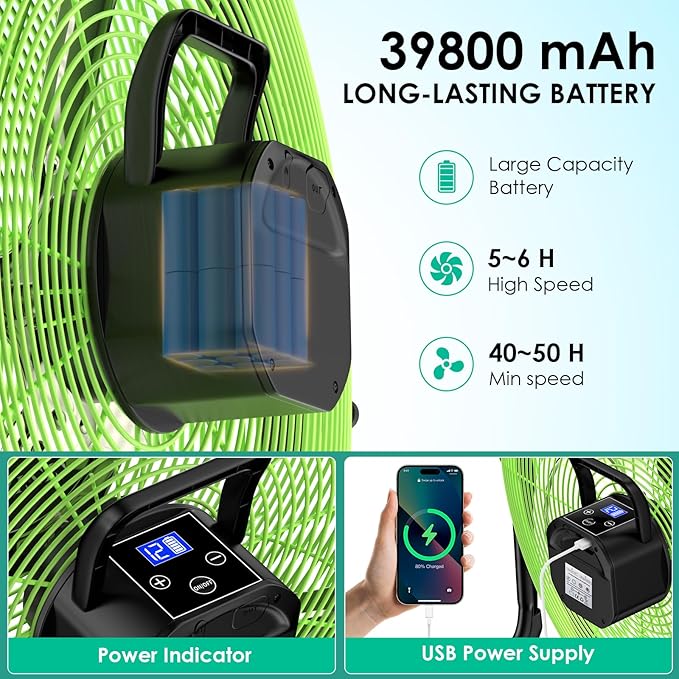 18'' Rechargeable Battery Operated Floor Fan, Portable Cordless Camping Fan Outdoor, Long Lasting Battery Powered Fan, 360° Tilt, Wireless, USB Output, for Home Gazebo Greenhouse Outside Gym