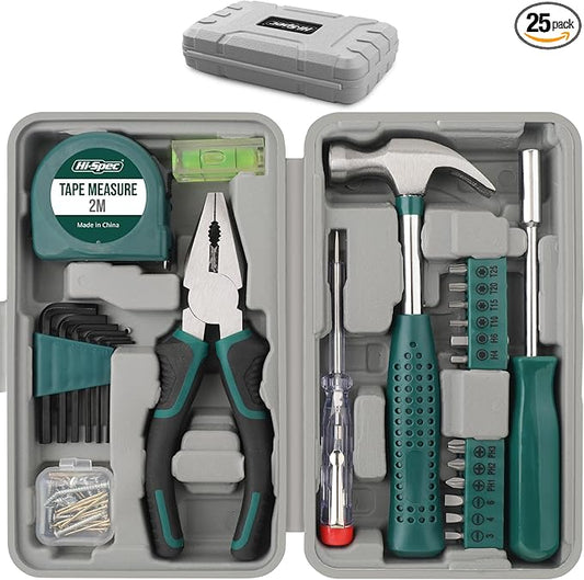 Hi-Spec Small Tool Kit Compact Set for Home and Office DIY, 25-Piece Green Mini Tool Box for Basic Household Repairs, Starter Toolkit in a Portable Toolbox Case.