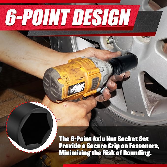 11PCS 1/2" Axle Nut Socket Set,Drive Spindle Wheel Axle Nut Wrench Large Sockets,CR-MO Steel,6-Point,(27,29,30,31,32,33,34,35,36,38mm,3/4 to 1/2 Adapter)