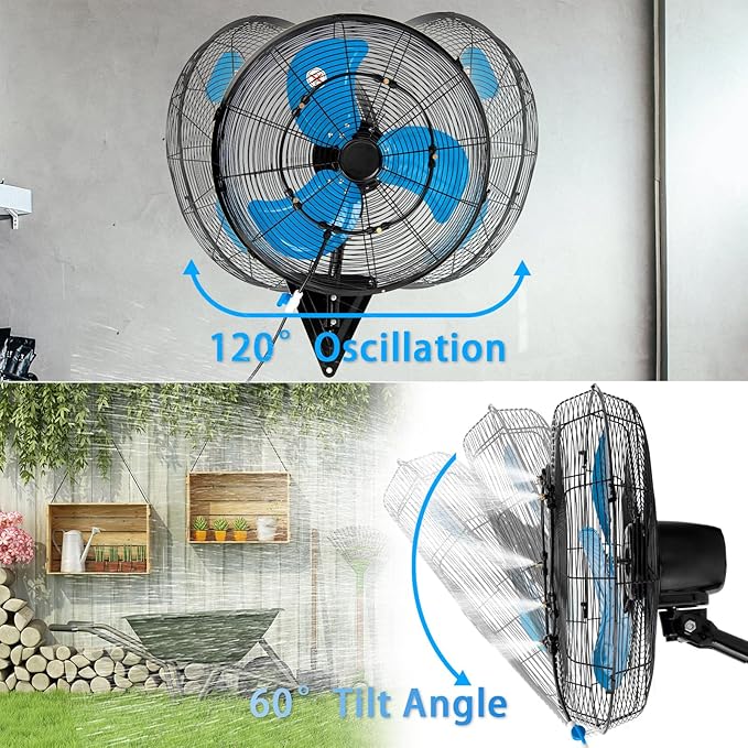 Bestronair 20" Wall Mount Fan with Misting, 7100CFM Wall Fan 3 speed, 120° Oscillation Industrial Wall-Mounted Fans High Velocity for Garage Workshop Patio Factory Greenhouse Commercial