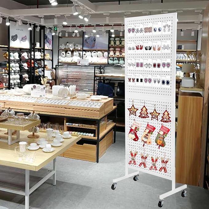 Eastern Tree Metal Pegboard Display Stand 2'x 5' with 30 Hooks, Pegboard Panels Display with Wheels, Peg Board Display Rack, Standing Pegboard Display- White