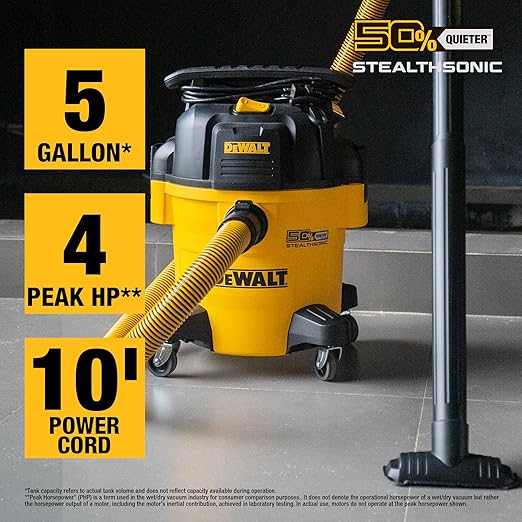 DEWALT Shop Vacuum 5-Gallon 4 HP STEALTHSONIC Wet/Dry Vacuum Cleaner DXV05P-QTB with 6 Dust Bags Ultra Quiet Poly Shop Vacuum with Powerful Suction for Garage, Jobsite, and Workshop