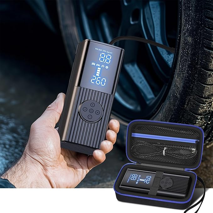 Tire Inflator Case for Hafuloky/ for LOLSSA/ for EMSON for Bullseye Pocket Air Compressor, Portable Cordless Car Tire Pump Travel Storage Bag with Mesh Pocket for Pressure Gauge Accessories(Box Only)