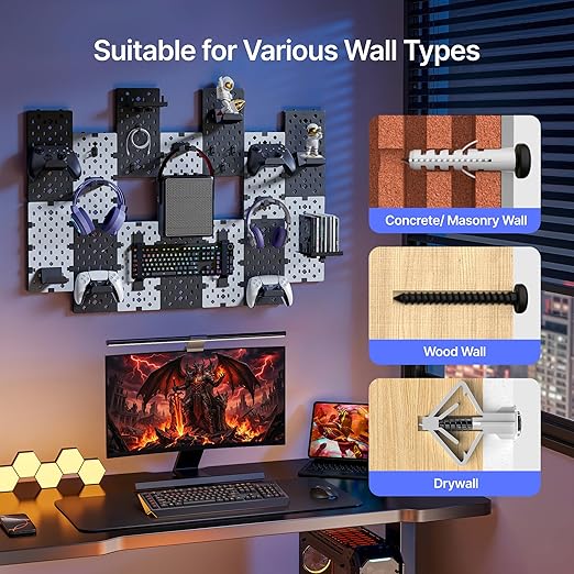 PEGZONE Controller and Headphone Holder Wall Mount, Modular Gaming Pegboard with Accessories, Controller Stand for Xbox PS5 PS4 Switch, Video Game Storage, Disc Shelf, 14pcs Pegboard, Black & White