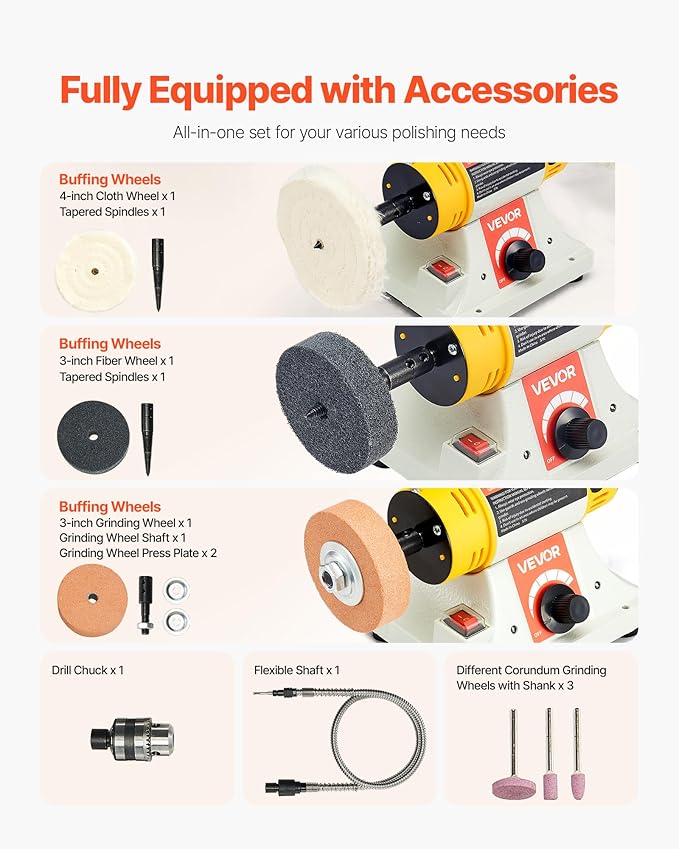 VEVOR Bench Buffer Polisher, 1/2HP Polishing Buffing Machine, 0 to 8000RPM Benchtop Polisher Grinder with 4" Cloth Wheel, 3" Grinding Wheel & 3" Fiber Wheel for Metal, Jewelry, Wood and Plastic