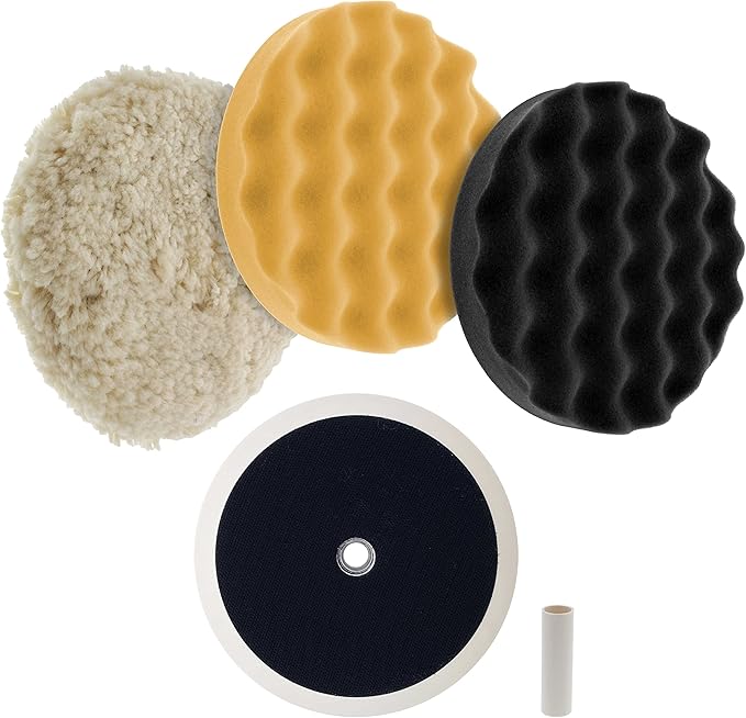 TCP Global Complete 3 Pad Buffing and Polishing Kit with 3-8" Pads; 2 Waffle Foam and 1 Wool Grip Pads and a 5/8" Threaded Polisher Grip Backing Plate