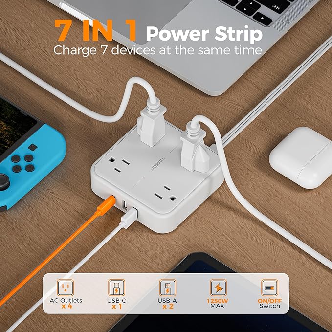 TESSAN Surge Protector Flat Extension Cord 15Ft, Flat Plug Power Strip with 4 Outlets 3 USB Ports (1 USB C), 900 Joules Protection, Multiple Wall Outlet Extender Suitable for Home Office Dorm, White