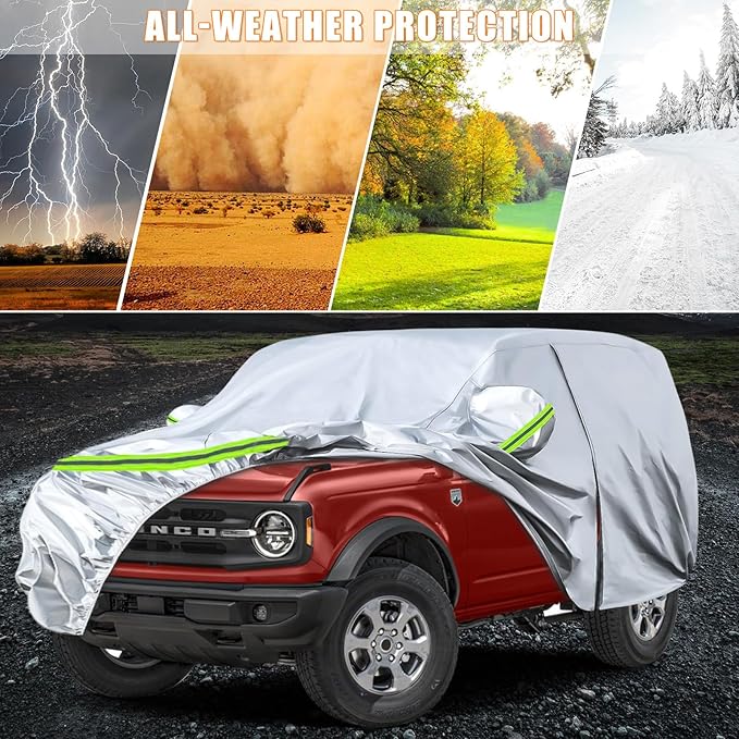 Waterproof Car Covers Replace for 2021-2025 Ford Bronco 2 Door, 6 Layers Silver All Weather Car Cover with Zipper Door & Windproof Bands for Snow Rain Dust Hail Protection