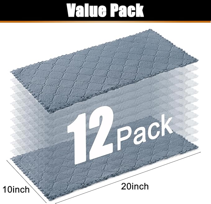 Mordimy 12 Pack Kitchen Towels (20" x 10", Dark Grey & White), Super Soft and Absorbent Dish Towels, Coral Velvet Microfiber Cleaning Cloth, Nonstick Oil Fast Dry Dish Cloths