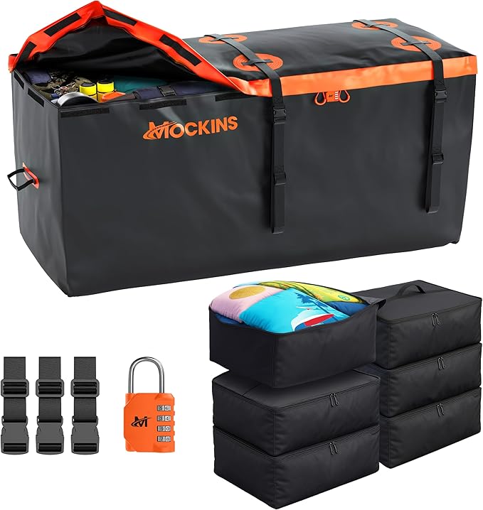 Mockins 30 Cubic Ft. Trailer Hitch Cargo Carrier Bag & 6 Packing Cubes 29"x23"x12" | 60"x24"x36" Waterproof Cargo Bag for Hitch Carrier | Set of Vehicle Soft-Shell Carriers with Buckle Straps & Lock