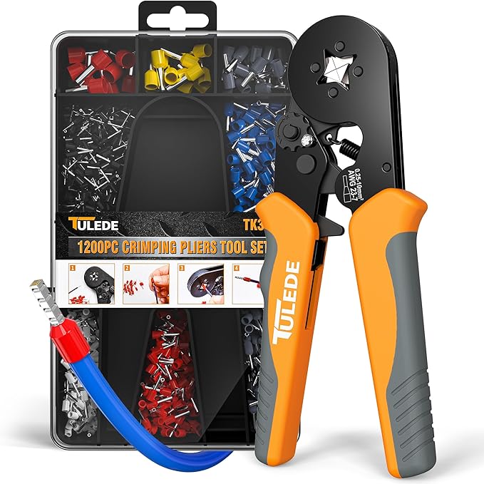Ferrule Crimping Tool, Wire Ferrule Kit with 1200PCS Wire End Ferrules & Crimper Plier, Adjustable Ratchet Pliers for AWG 23-7 (0.25-10mm²) Electrical Wire Connectors