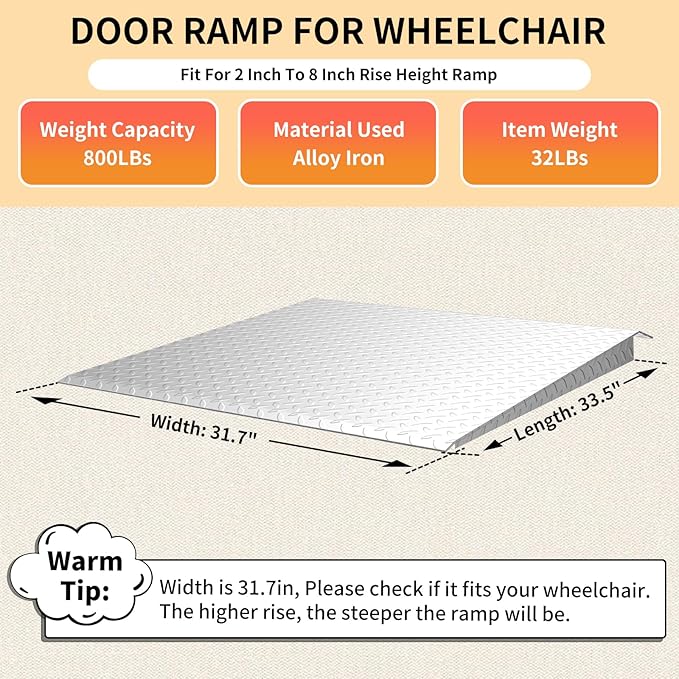 Door Threshold ramp, Door ramp for 2in to 8in Rise, Heavy Duty Front Door ramp for Elderly wheelchairs/Walkers/Scooters(33.5" L*31.7" W, Alloy Iron, 32LBs, Max 800LBs)