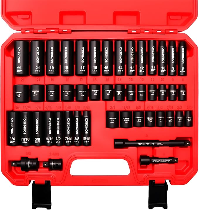 Socket Set 3/8" Drive Impact Socket Set,48-Piece 6 Point Deep,Standard SAE and Metric CR-V Steel Sockets with extension bar (Metric and SAE, 3/8" Socket Set, 48pcs)