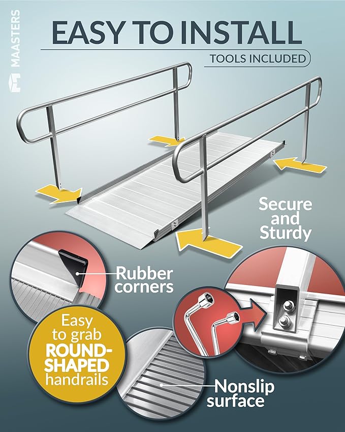 MAASTERS 6 Foot Handicap Ramp with Handrails - Loading Capacity 850 lb - for Wheelchairs, Scooters, Walkers - Non-Slip Surface