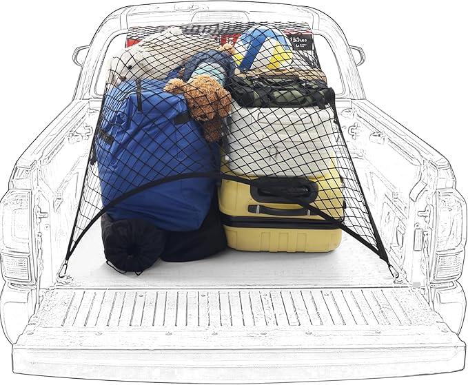 Highly Elastic Truck Bed Cargo Net, 4' x 4' Stretches to 7'x7', Black Polyester Mesh with Snap Hooks, 6 Clips