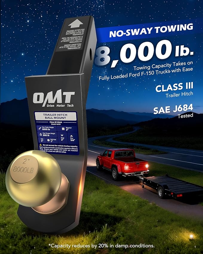 Orion Motor Tech Trailer Hitch Ball Mount, for 2" Receiver with 2" Ball 2" Drop 8000 lb. Towing Capacity, Heavy-Duty Tow Hitch Reversible Ball Hitch for Truck Boat RV Cargo with Hitch Pin & Clip