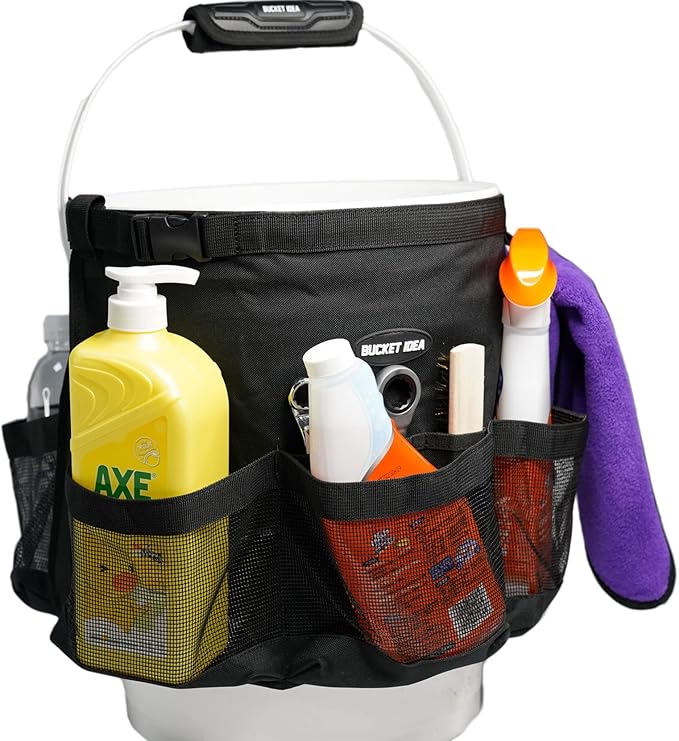 KUNN Car Wash Bucket Tool Organizer for 5 Gallon Bucket with Towel Holder Ring,Soap Pockets Cleaning Bucket Organizer Water-Resistant Mesh Pockets for Clean Supplier,Car Wash Supplier Black