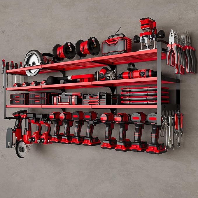 NattyDot 48" Large Power Tools Organizer Wall Mount,12 Drill Holder for Garage, Workshop Heavy Duty Storage Rack (Red)