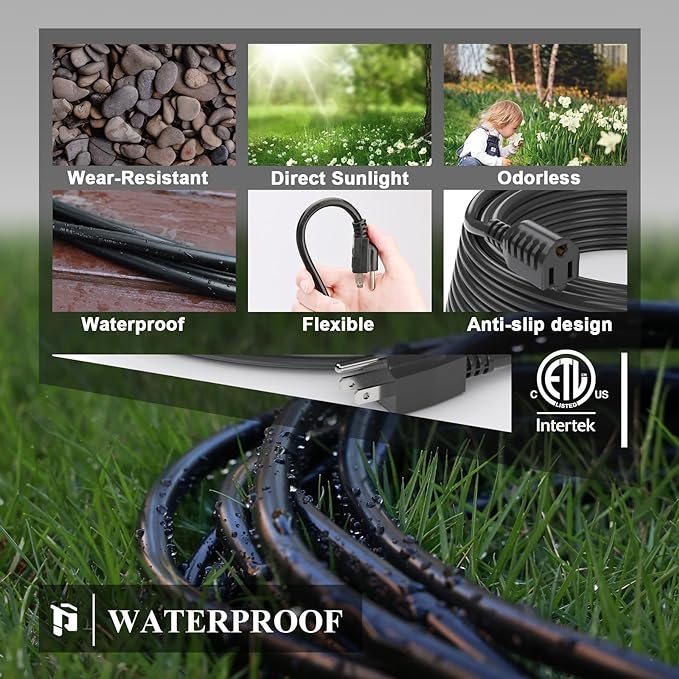 PLUGTUL 2-Pack 25 FT Outdoor Extension Cord, Waterproof, Heavy Duty 3 Prong Black, 13A 1625W SJTW, ETL Listed, Great for Garden and Home