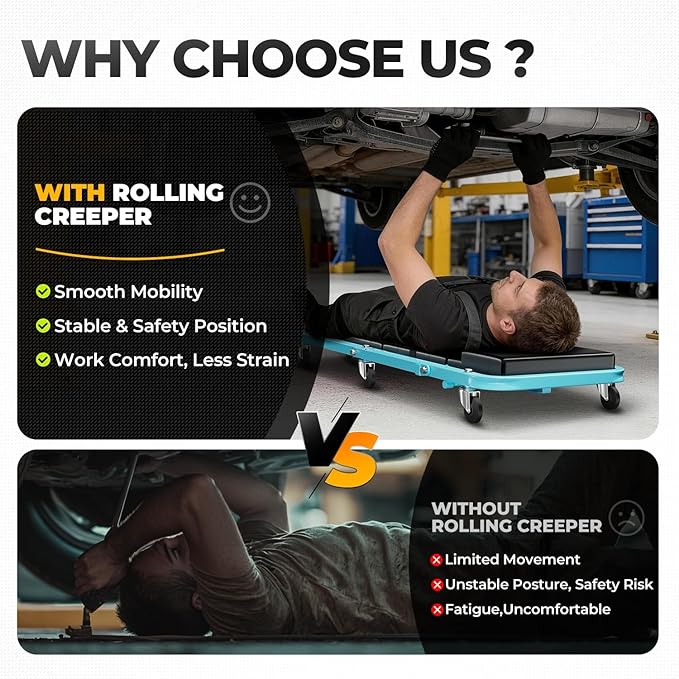 Auto Dynasty 48" Z-Creeper Seat, 2-in-1 Foldable Garage Creeper Shop Seat, 330 LBS Capacity Automotive Mechanic Repair Under Car Rolling Creeper Seat, Sky Blue