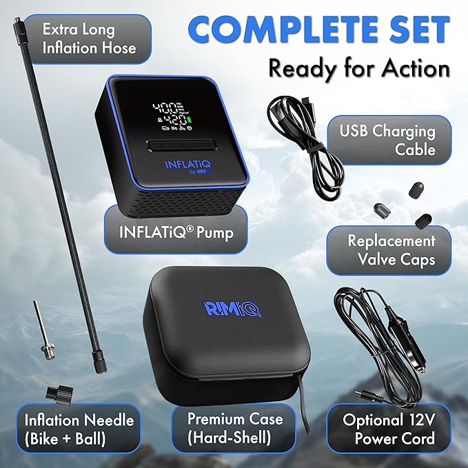 INFLATiQ by RIMiQ Tire Inflator Blue - Powerful, Award-Winning QWIKFLOW Technology with 2 Portable Power Options Included - Strong Vehicle Air Pump for Trucks, Cars, Motorcycles, Bicycles, Balls