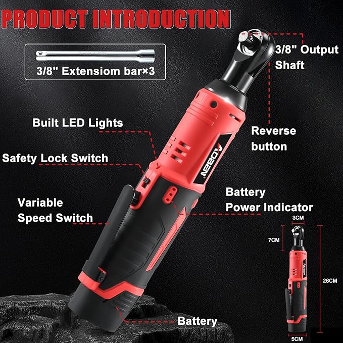 AOBEN Cordless Electric Ratchet Wrench with 83pc 1/4" to 3/8" impact sockets set,12V Electric Wrench with Variable Speed,3/8" to 1/4" Adapter, 3" Extension Bar