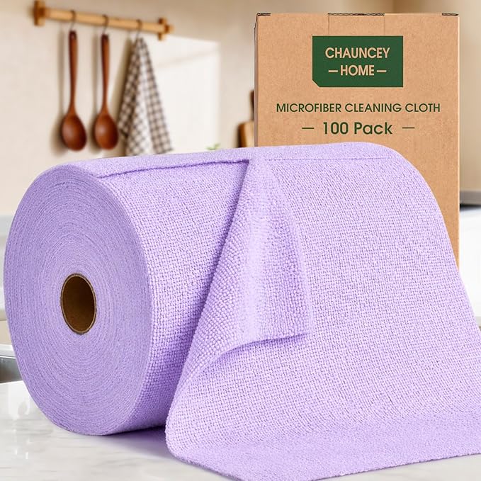 Microfiber Cleaning Cloth Roll - 100 Pack Tear Away Microfiber Paper Towels, Reusable, Washable, Scratch-Free, Kitchen Towels for Car, Home, Kitchen, Glass, Dishes (Light Purple)
