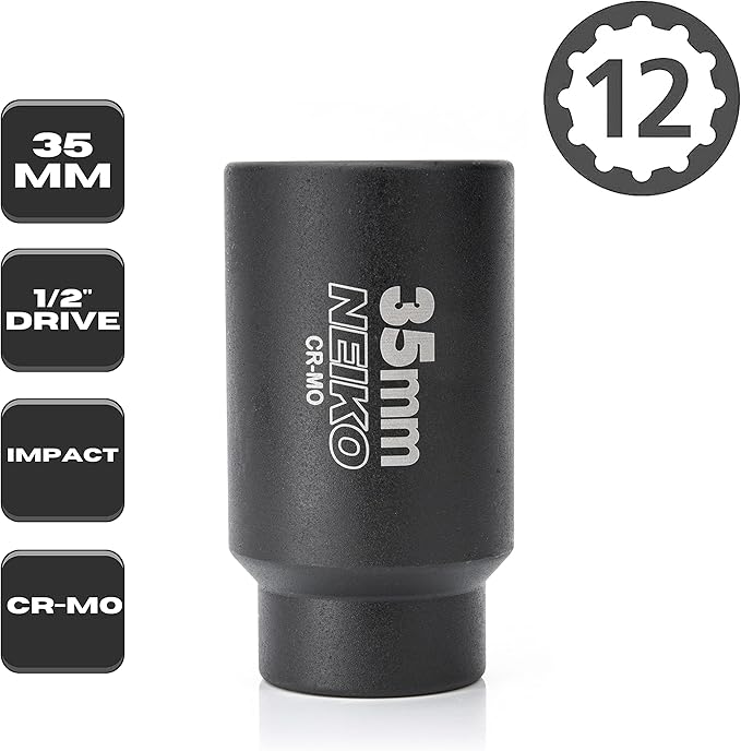 NEIKO 02526A 35mm Socket | 1/2” Drive Deep Impact Socket | Spindle & Axle Nut Socket | 12 Point |Chrome Molybdenum Cr-Mo |Deep Well Hub | Triple Square | Axle Shaft Nut Remover